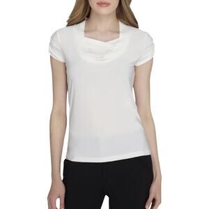 Tahari ASL Drape Ivory Top with Ruched Short Sleeves XL EUC